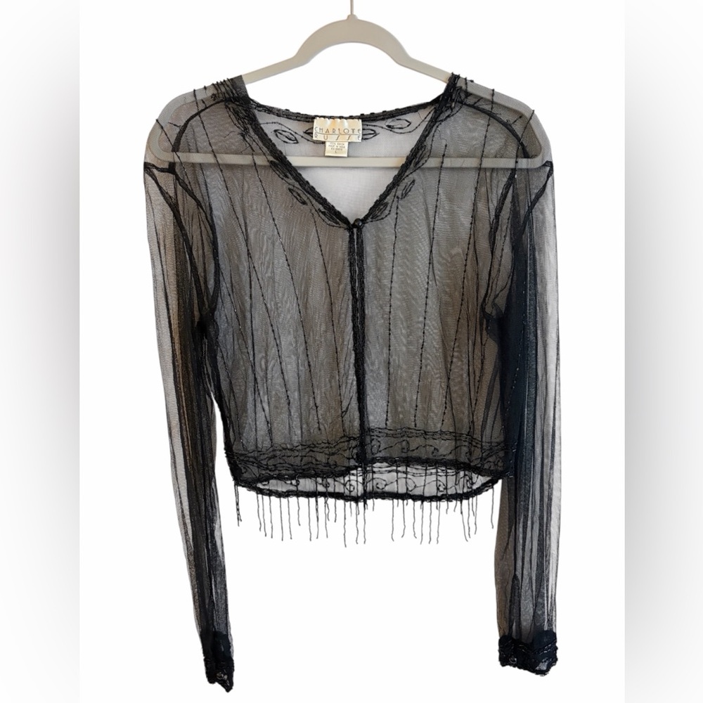 Vintage Charlotte Russe Jazz Age Black Sheer Beaded Cropped Cardigan Size Large